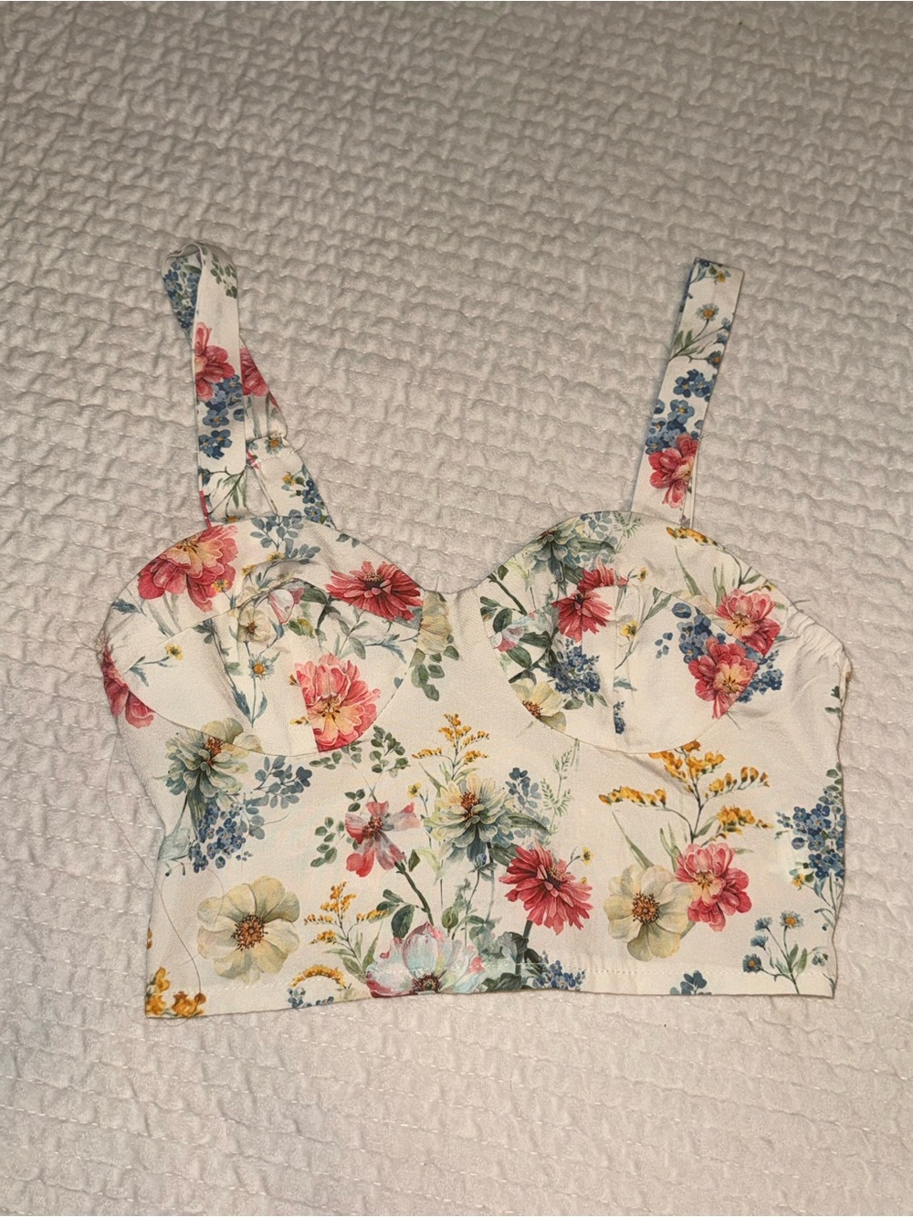 Floral Bustier Crop Top in White with Multicolor Blossoms
